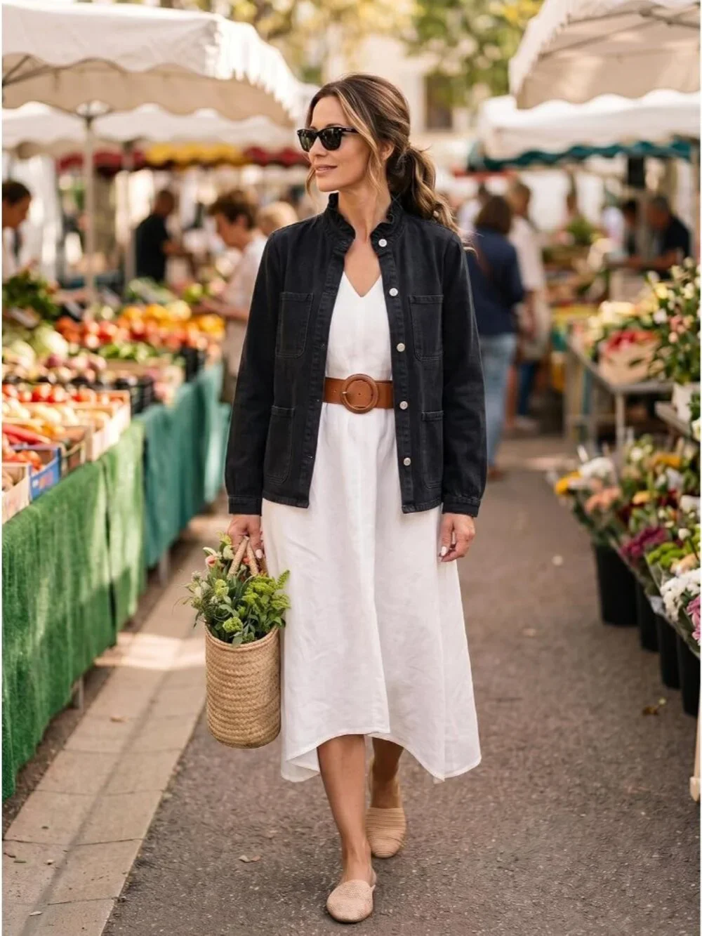 Women's Black Button Down Ruffle Casual Oversized Cropped Jacket with Pockets